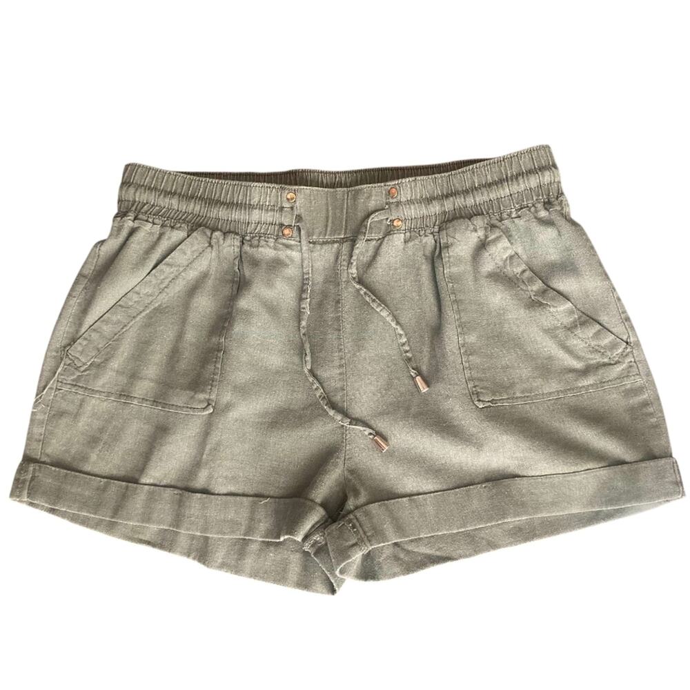 CI SONO Olive Green Linen Blend Cargo Utility Casual Pull On Shorts L